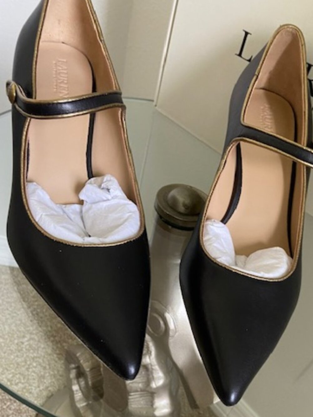 NWT - Ralph Lauren Lanette Black/Gold Metallic Trim Mary Jane Pumps - Size 8.5 - Picture 2 of 6